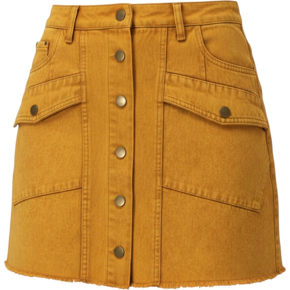 Lulus Mustard Yellow Button Front Denim Mini Skirt Raw Hem SL8160LUS Small